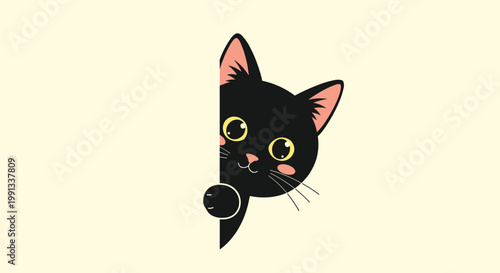Cute black kitten with big yellow eyes and pink cheeks peeking playfully from behind a vertical edge on a cream background.