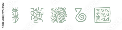 Tribal and Abstract Symbol Icons Collection with Squiggles, Spirals, and Geometric Motifs