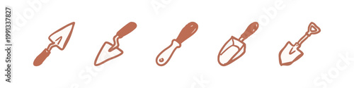 Gardening Tool Icons Collection Including Trowels, Shovels, and Soil Scoops