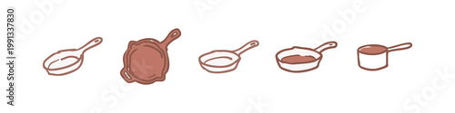 Kitchenware Icons Set Featuring Frying Pans, Skillets, and Saucepan for Cooking