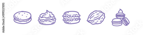 Sweet Desserts and Macarons Hand-Drawn Icon Set in Purple
