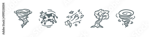 Natural Disaster Tornado Icons with Flying Cow and Debris
