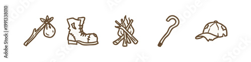 Hiking and Wanderer Travel Icons with Old Boot and Campfire