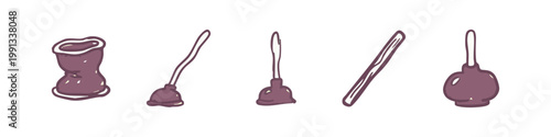 Plumbing Tool and Plunger Icons in Purple Line Art