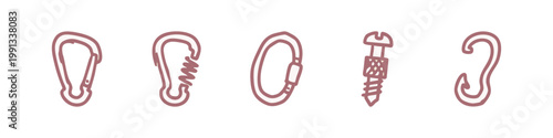Set of hand drawn climbing equipment icons featuring carabiners, a bolt, and a hook in a doodle style