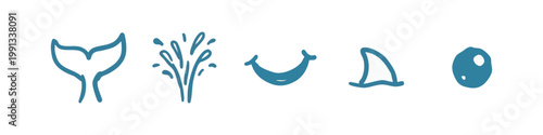 Marine Life Whale Icons with Tail Fluke and Water Spout