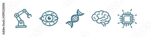 Hand drawn futuristic technology and biology icons set featuring robot arm, brain, and dna strand