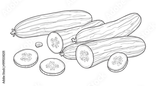 Hand drawn line of whole and sliced cucumbers vegetable food