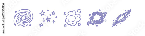 Set of hand drawn cosmic and space icons including swirling galaxies and sparkling stars