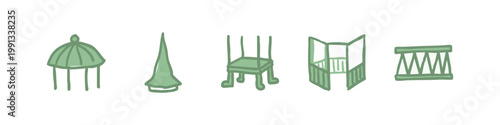 Green Hand Drawn Outdoor and Garden Objects Icons Set with Gazebo Trampoline and Fence