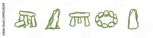 Green Megalithic and Prehistoric Stone Structure Icons Set with Stonehenge and Menhir