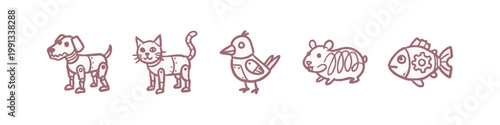 Brown Hand Drawn Robotic Pet Icons Set Featuring Robot Dog Cat Bird and Fish