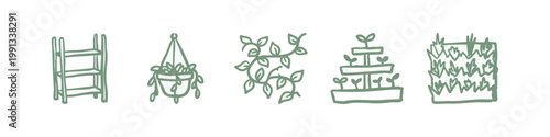 Green Hand Drawn Gardening and Plant Icons with Shelving Hanging Pot and Vine