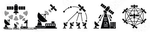 Satellite communication technology icons showcasing global network, ground station links and data transmission concepts
