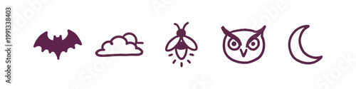 Set of Hand Drawn Nocturnal Animals and Night Icons in Dark Purple Doodle Style