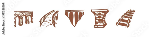 Set of Hand Drawn Infrastructure and Bridge Icons in Brown Doodle Style