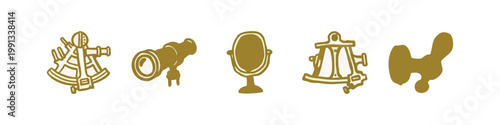 Set of Hand Drawn Antique Nautical Navigation Icons in Gold Doodle Style