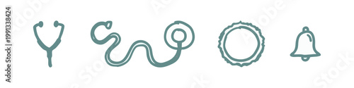 Set of Hand Drawn Medical Stethoscope and Miscellaneous Icons in Grey-Green