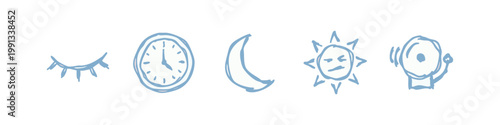 Hand drawn sleep and time icon set featuring alarm clock, moon, sun and eyelashes