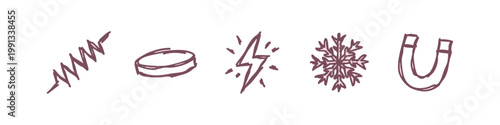 Science and physics doodle icons with lightning, magnet, snowflake and metal spring