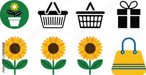 Minimal retail icon set with baskets gift box sunflower flowers and handbag flat modern vector illustration on white background