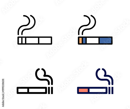 Cigarette smoking icons with smoke trail in different graphic design styles