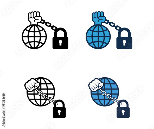 Global censorship icon set with a fist holding a globe and a locked padlock
