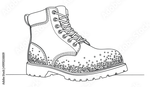 Detailed line drawing of a robust laceup boot with textured elements and sturdy sole, ideal for showcasing durable footwear and adventurous spirit