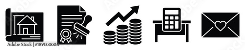 Business and finance related icon set including blueprint document stamp financial growth calculator and letter envelope for professional use