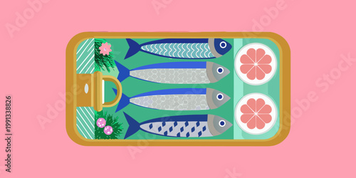 Stylized illustration of sardines in a rectangular yellow tin can