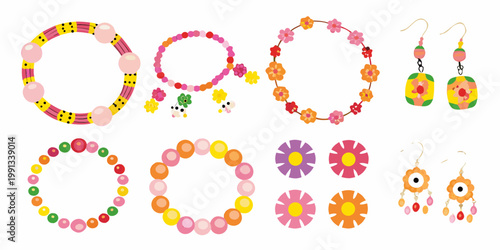 Colorful beaded jewelry collection including bracelets necklaces and dangling earrings