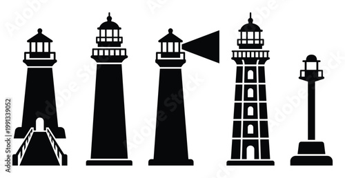 Lighthouse silhouettes symbolizing marine navigation and guidance for nautical and coastal graphic design