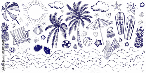 Hand drawn summer elements including palm trees sun and beach accessories