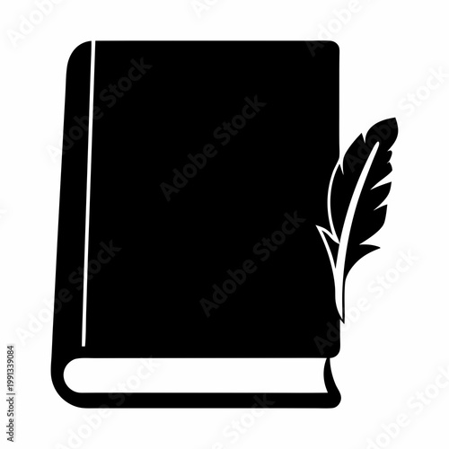 A black and white silhouette depicting a book and feather for writing