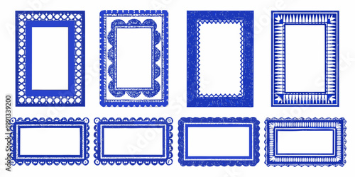 Collection of hand drawn blue rectangular frames with decorative borders