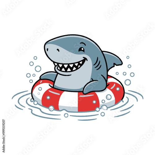 Smiling shark on inflatable life preserver in water
