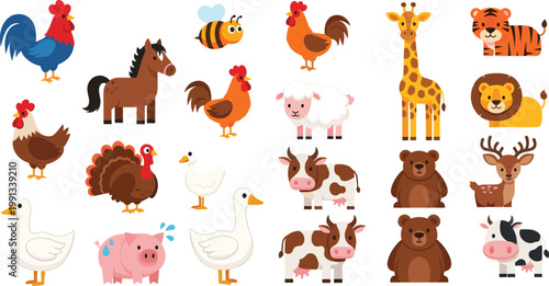 Cute farm and zoo animals cartoon set with cow pig horse chicken sheep giraffe tiger bear duck vector illustration