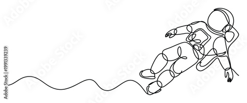 Minimalist continuous line drawing of an astronaut floating in space, suitable for modern science and technology presentations