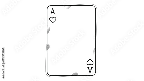 Simple line drawing of an ace of hearts playing card in black and white with a minimalist aesthetic and sketchy details.