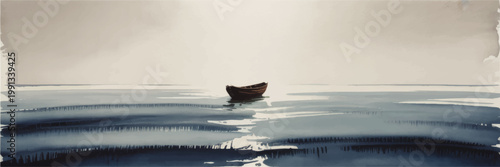Minimal watercolor seascape with lone wooden boat on calm blue water at dawn, serene horizon painting with reflective light