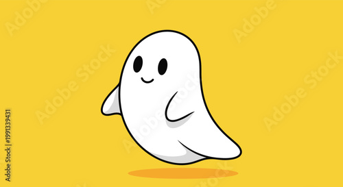 Simple and cute white ghost character flying happily on a bright yellow background, perfect for a friendly and fun Halloween theme.