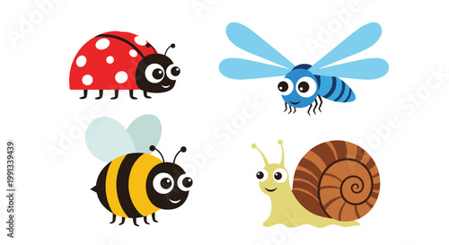 Collection of four cute cartoon garden creatures including a ladybug, dragonfly, bee, and snail with friendly smiles on a white background.