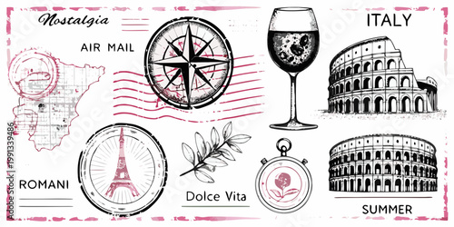 Italian travel themed postcard with landmarks and vintage elements