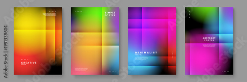 Collection of minimalist posters with geometric square blur patterns and a warm vibrant color palette