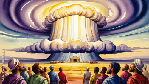 Biblical Exodus Pillar of Cloud and Fire Over Desert Tabernacle with Witnesses, Dramatic Sacred Illustration