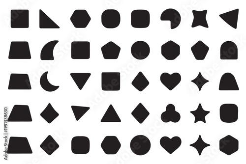 Brutalism elements. Abstract geometric shapes, contemporary creative figures, simple graphic, design minimal objects, modern minimalism, black silhouettes, garish vector isolated flat set