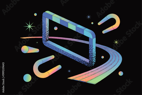Retro futuristic track and field sports illustration with a neon hurdle running lane and abstract shapes on a dark starry grainy background