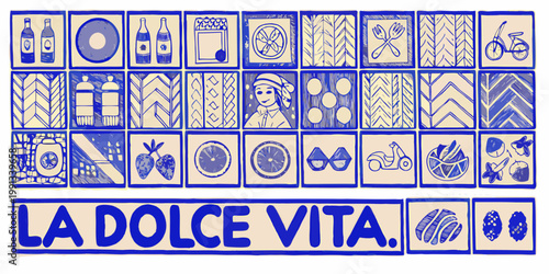 A blue tile collage depicting italian life food and transportation