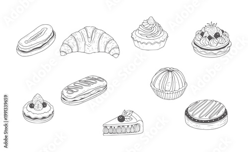 Hand drawn of various pastries and cakes white pastry croissant eclair cupcake