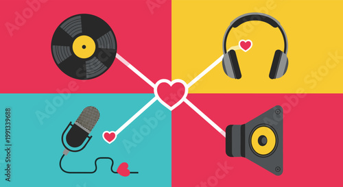 Creative music concept featuring a vinyl record, headphones, microphone, and speaker connected by lines to a central heart on a colorful background.